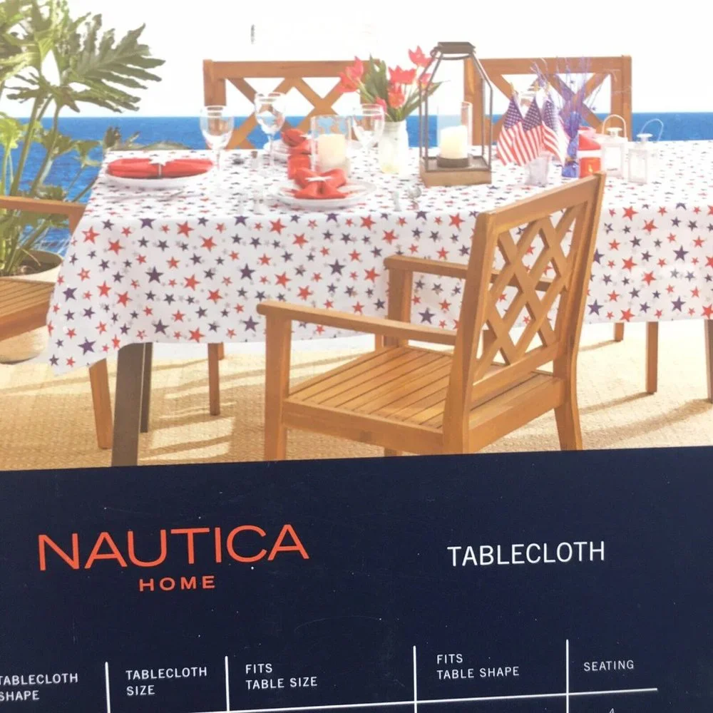 Nautica July 4th Star Tablecloth 60x104 Patriotic Silver Foil Red Blue Outdoor